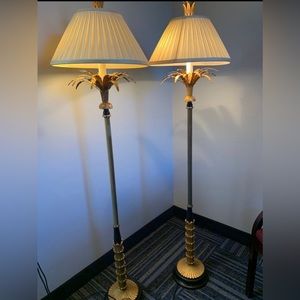 Pair Hollywood Regency Brass Palm Floor Lamps Mid Century Gold Black Set Wow